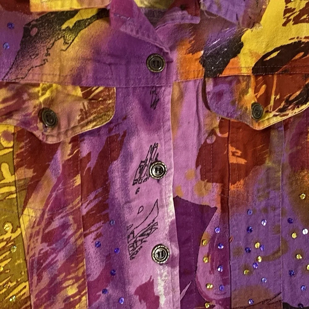 Gaudy Couture Denim Jacket‎ Womens 1X Purple Yellow Embellished Artsy Eclectic